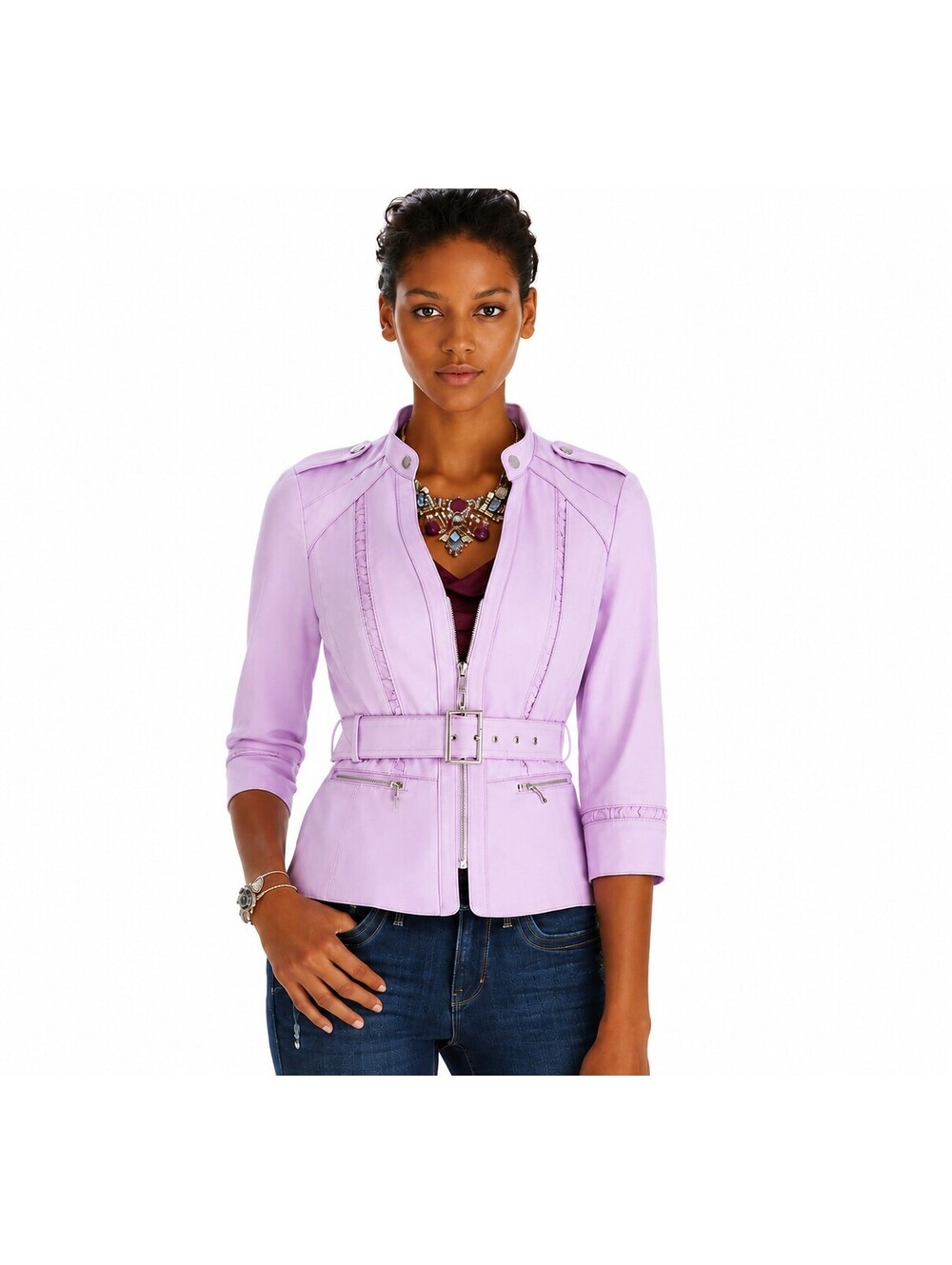 Lilac Purple Belted Moto Jacket โ 3/4 Sleeve Zip Front Fitted Blazer